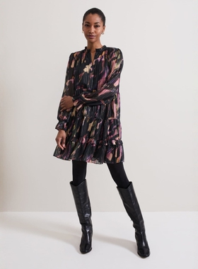 Phase Eight长袖雪纺连衣裙一步裙黑底英伦印花显瘦气质百搭