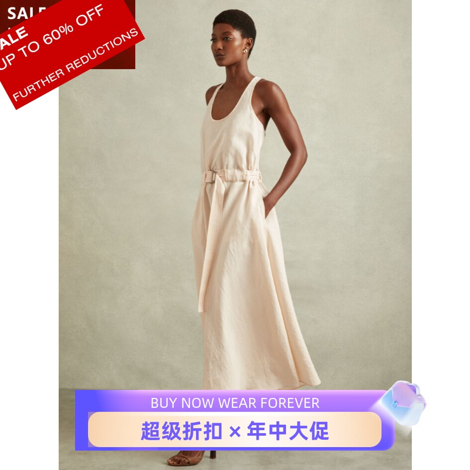 REISS乳白连衣裙背心裙休闲度假裙露背中长A字简约淑女气质百搭