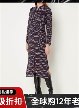 WHISTLES长袖衬衫裙连衣裙蓝紫色波点印花系带修身百搭英伦气质