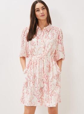 Phase Eight短袖衬衫裙象牙白红色碎花印花抽带修身清新简约淑女