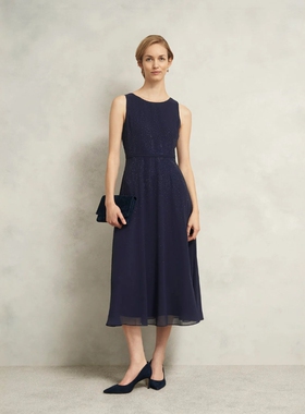 HOBBS深蓝色连衣裙中长A字无袖镶钻高腰修身网纱优雅大气名媛风