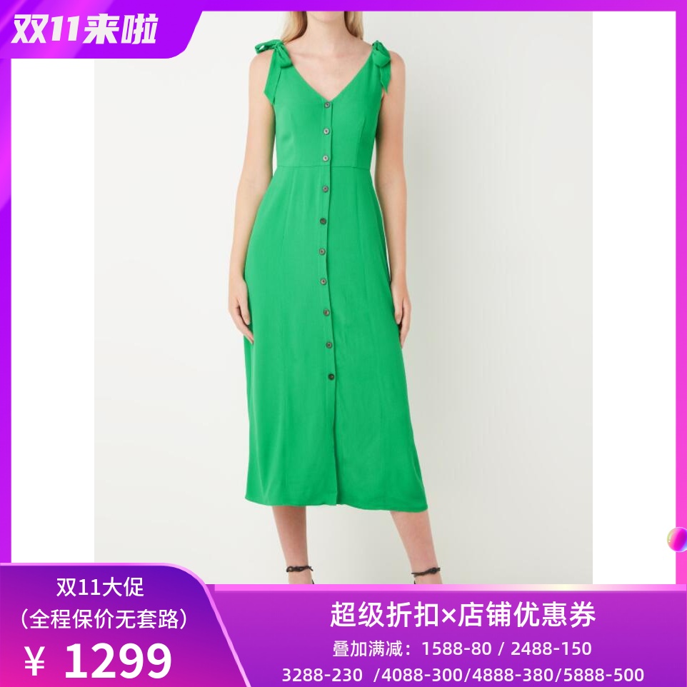 WHISTLES连衣裙无袖中长裙浅蓝A字蝴蝶结V领纽扣清新淑女优雅百搭