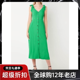 WHISTLES连衣裙无袖中长裙浅蓝A字蝴蝶结V领纽扣清新淑女优雅百搭