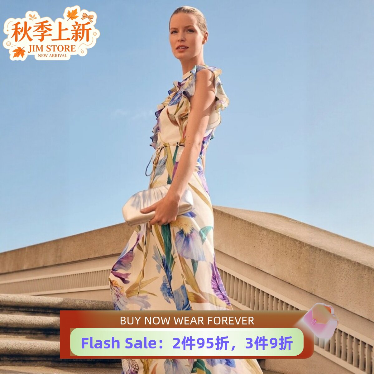 Phase Eight度假裙连衣裙礼服裙长裙浅色印花无袖立体木耳边系带