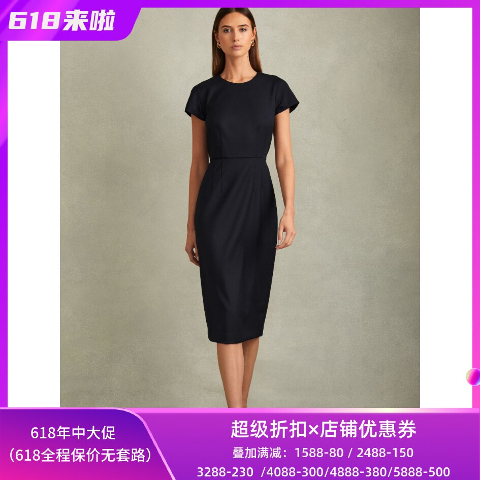 REISS藏蓝短袖连衣裙包臀裙通勤西服裙纯色中长款修身显瘦干练OL