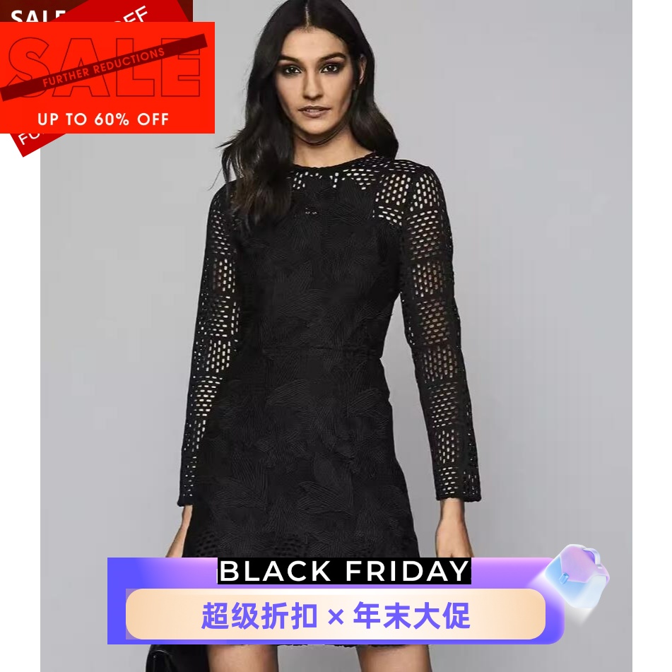 REISS黑色长袖蕾丝连衣裙优雅