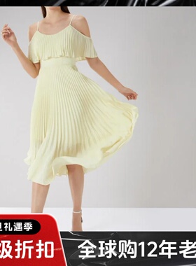 UNI CLOSET吊带连衣裙度假裙百褶裙中长款浅黄色斜摆优雅飘逸