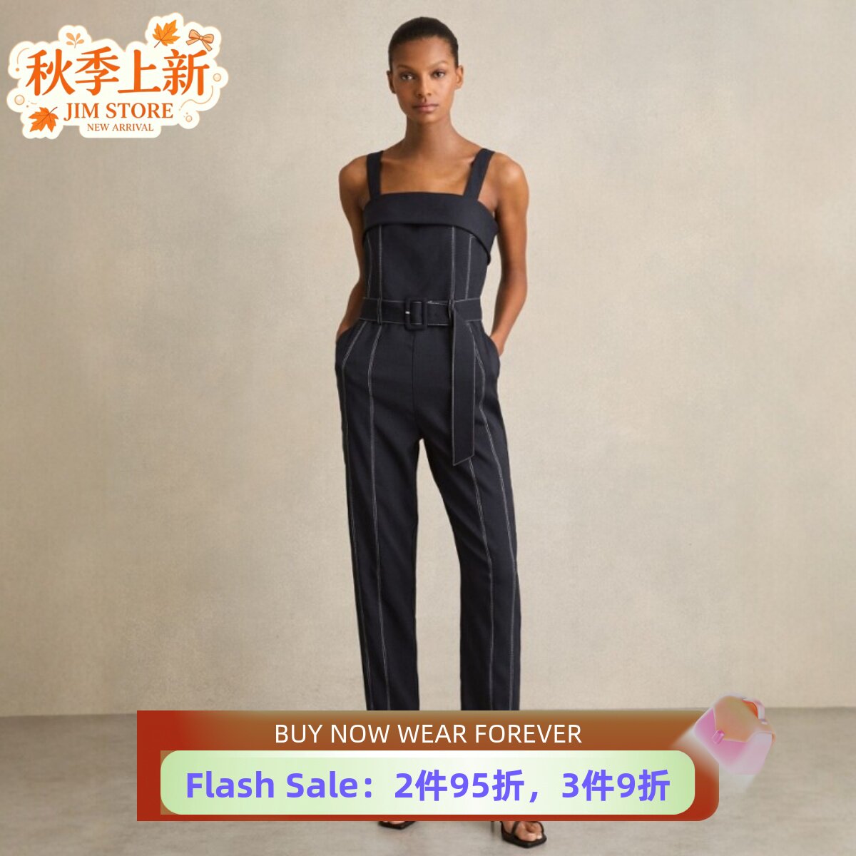 REISS藏蓝吊带裹胸连体裤无袖长裤缝线配腰带高腰修身休闲气质