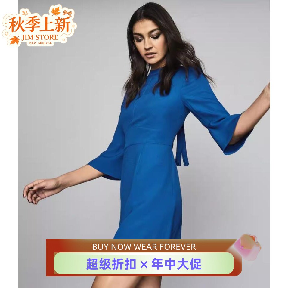 五分袖飘带钴蓝优雅淑女