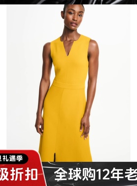 HOBBS黄色包臀连衣裙中长铅笔裙V领纯色高腰修身优雅通勤OL风百搭