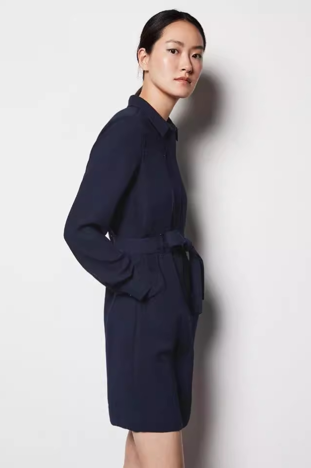 Phase Eight长袖连衣裙衬衫裙藏蓝色系带纯色气质优雅通勤百搭OL