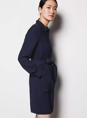 Phase Eight长袖连衣裙衬衫裙藏蓝色系带纯色气质优雅通勤百搭OL