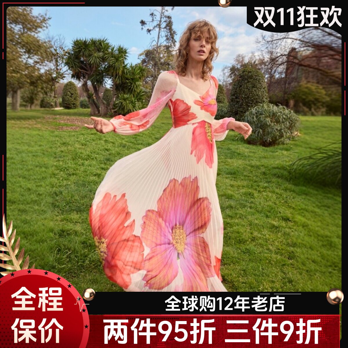 Phase Eight长袖雪纺度假裙连衣裙百褶长裙白色粉红印花优雅飘逸