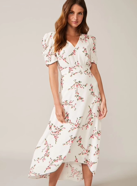 Phase Eight短袖碎花连衣裙中长斜摆象牙白清新淑女修身气质英伦