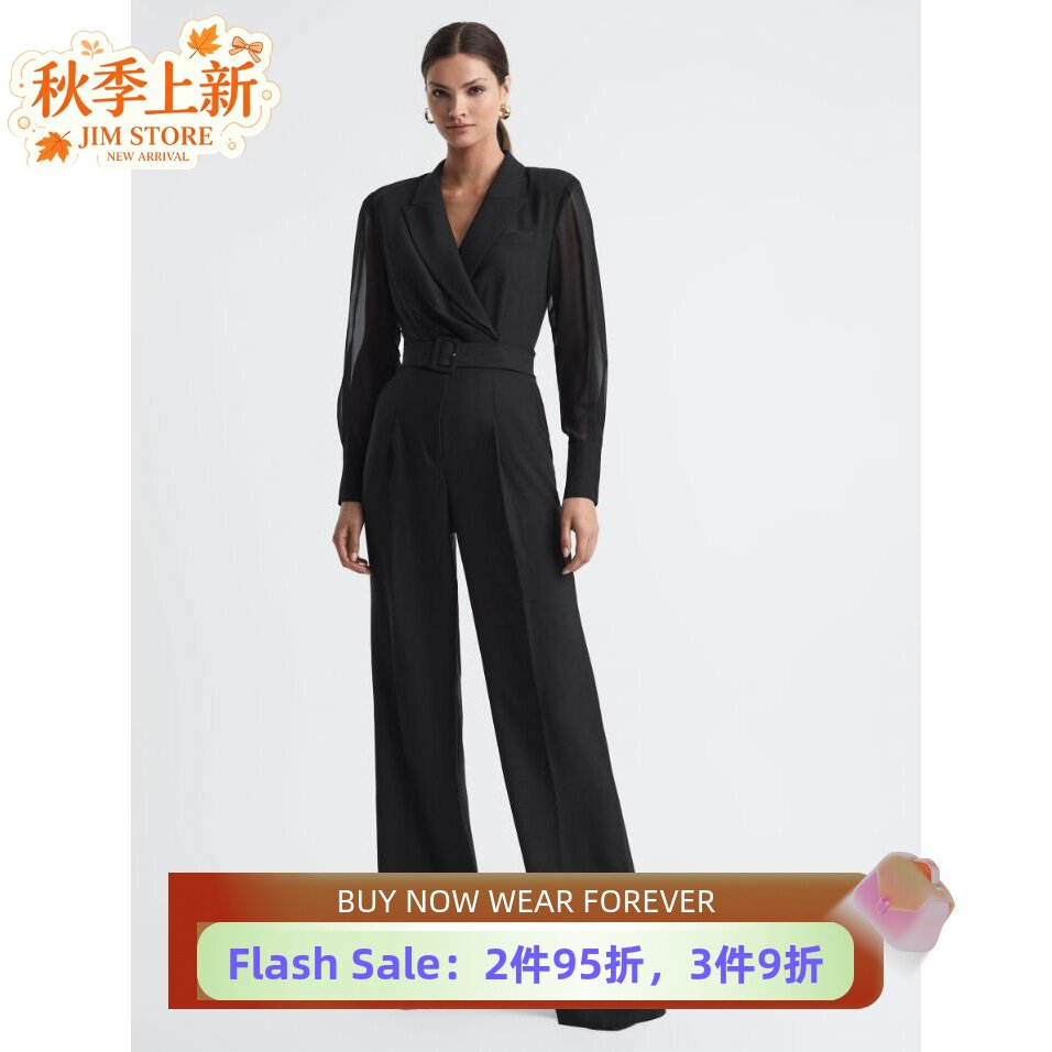 REISS黑色长袖西服领连体长裤