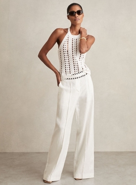 REISS白色亚麻女裤直筒阔腿条纹装饰舒适透气日常通勤气质百搭