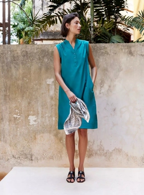 HOBBS青绿色无袖连衣裙短款直筒棉质出生呢简约优雅英伦淑女休闲