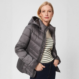 HOBBS炭灰色短款羽绒服修身连帽运动休闲排骨缝线气质显瘦百搭