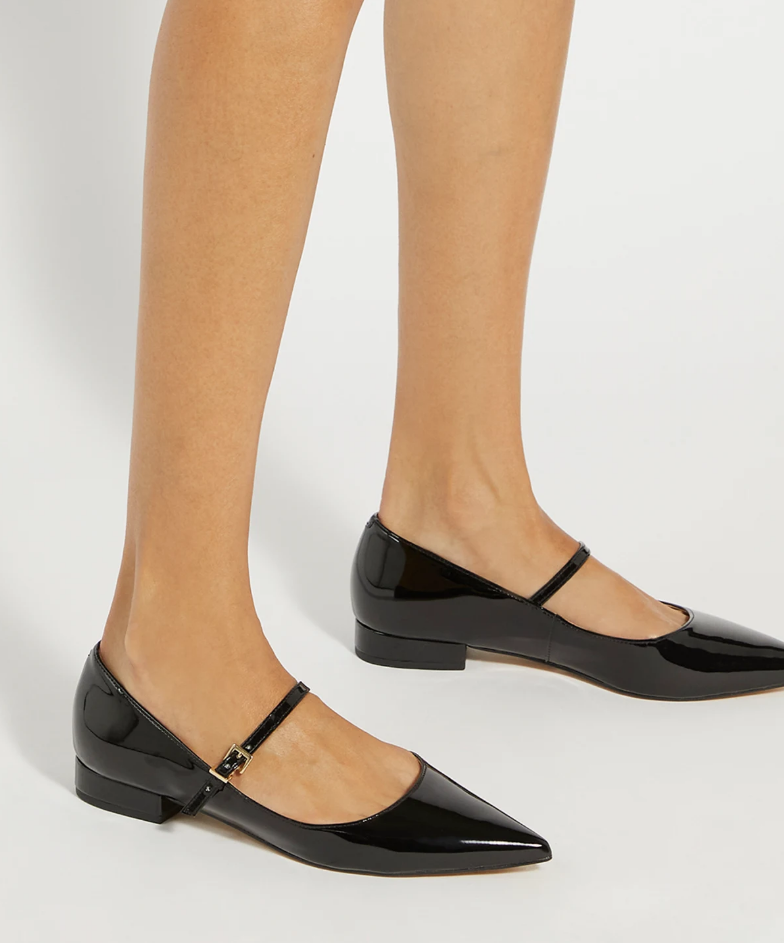 Dune London黑色尖头高跟鞋方跟低跟一字绑带亮皮通勤OL百搭