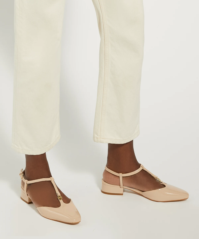 DUNE LONDON黑色低跟高跟鞋凉席丁字系带漆皮亮面尖头通勤百搭