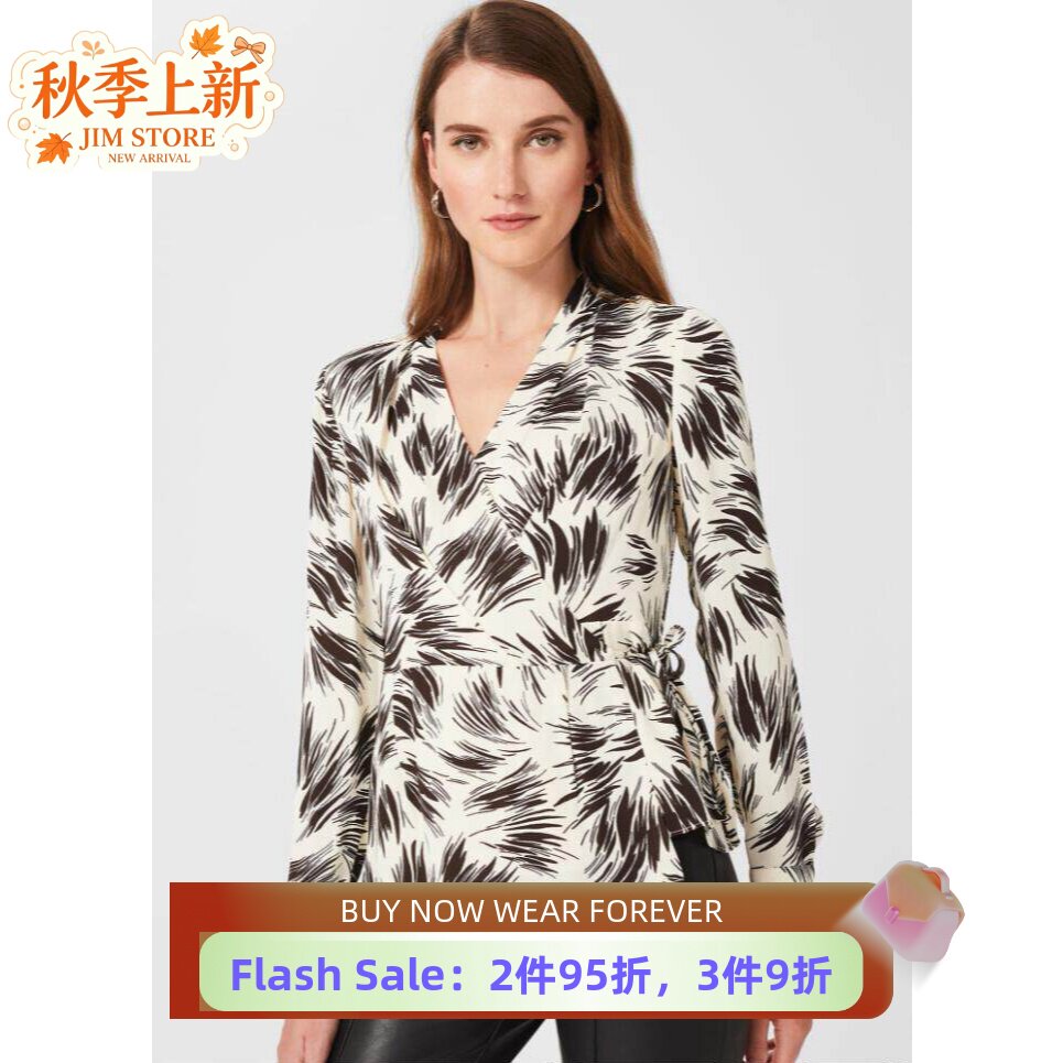 HOBBS长袖衬衫T恤上衣短款裹身系带乳白碎花修身优雅淑女通勤OL