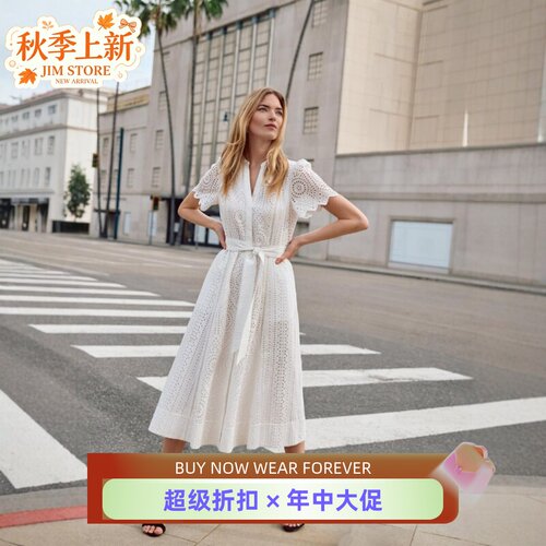 Phase Eight白色短袖蕾丝连衣裙中长衬衫裙系带重工镂空简约优雅
