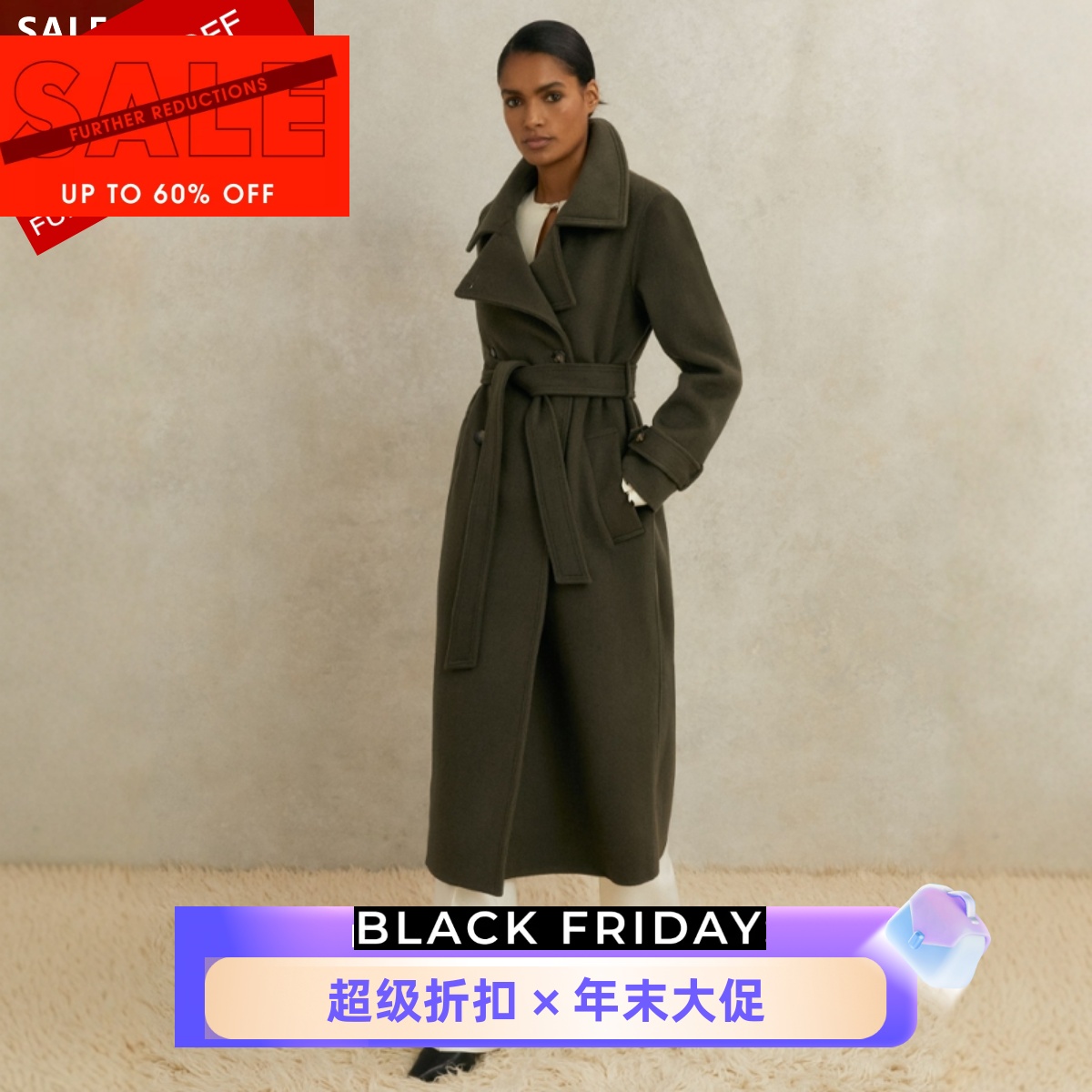 REISS纯羊毛大衣毛呢大衣军绿色中长款西服领系带双排扣气质英伦