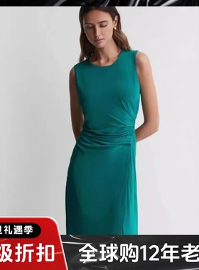 REISS连衣裙紫色包臀裙中长高腰修身侧开衩裹腰褶皱优雅大气