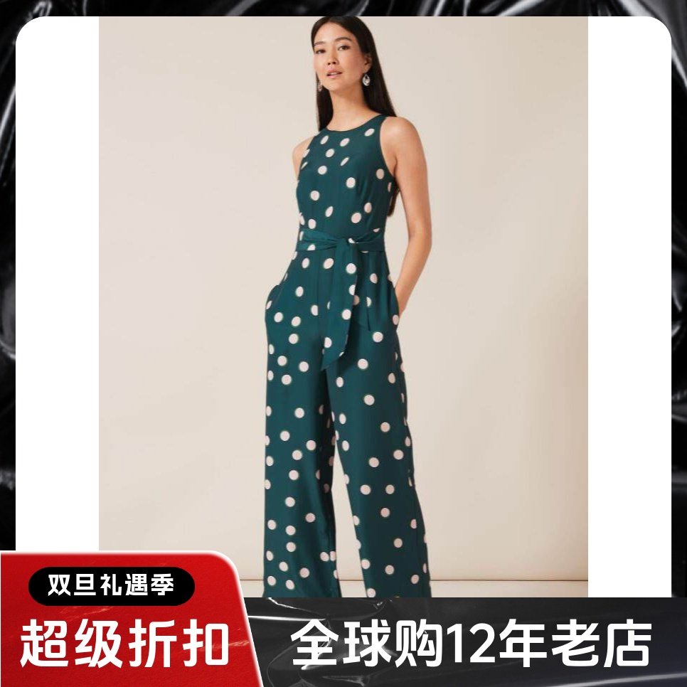 Phase Eight连体裤连衣裙深绿波点无袖长裤直筒系带束腰气质百搭