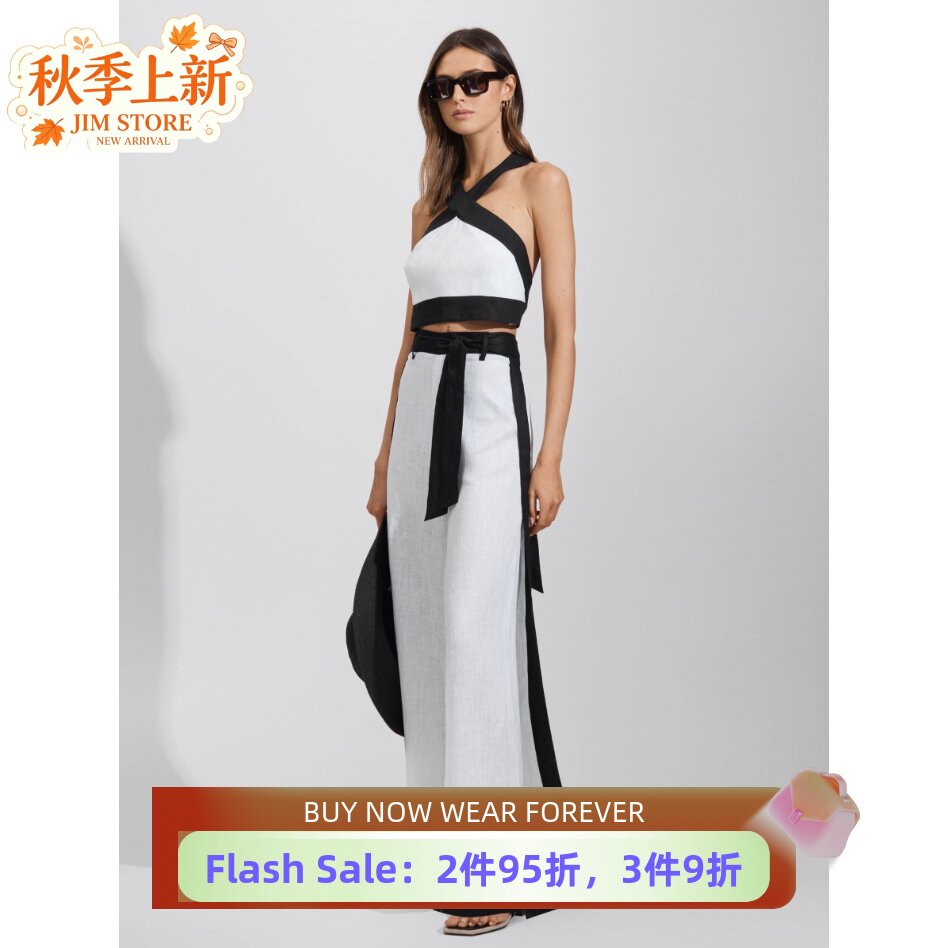 REISS白色女裤长裤休闲裤夏季亚麻系带侧条纹直筒简约休闲气质