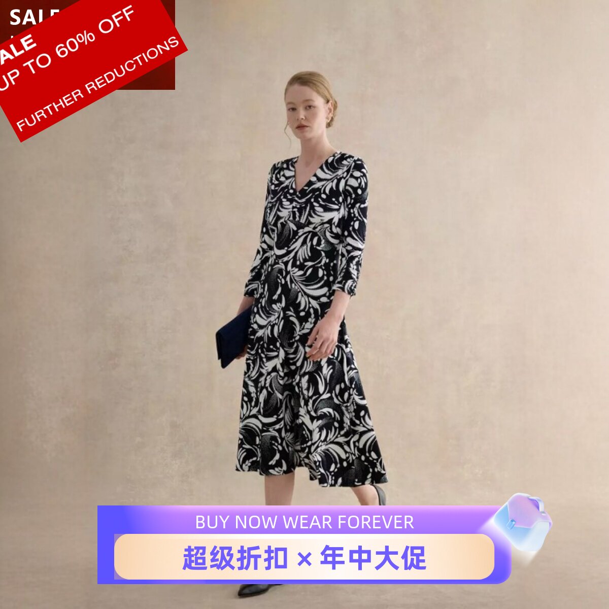 HOBBS七分袖连衣裙中长藏蓝羽毛印花A字高腰修身优雅英伦显瘦百搭