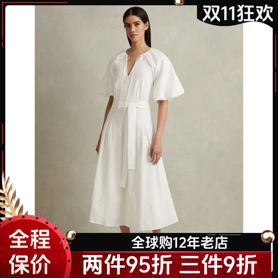 REISS短袖连衣裙度假裙白色中长A字系带飘带露背棉麻简约优雅大气