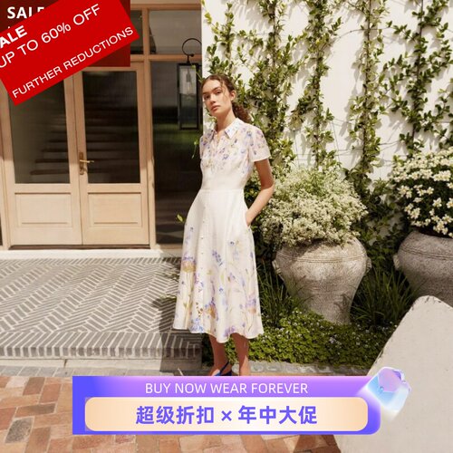 HOBBS短袖连衣裙衬衫裙亚麻混纺中长系带碎花两件套清新度假日常