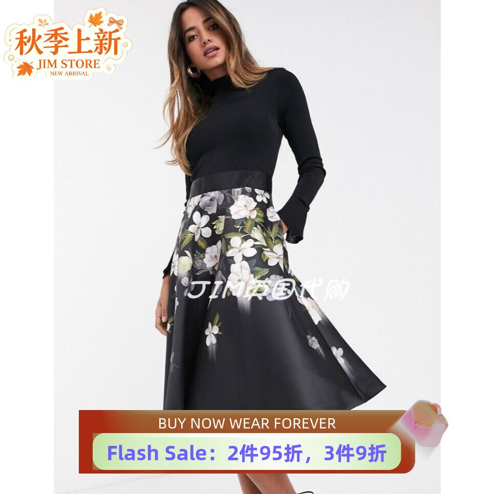 TED BAKER长袖连衣裙大摆裙黑色碎花拼接针织优雅气质英伦公主风