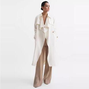 REISS风衣外套白色中长大翻领纽扣直筒清新淑女优雅大气通勤百搭