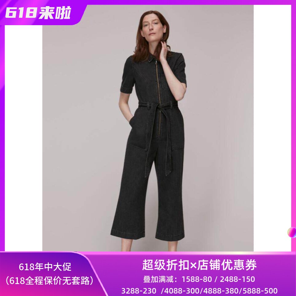 衬衫领系带拉链英伦牛仔连体裤
