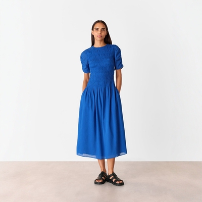 WHISTLES短袖蓝色连衣裙休闲茶歇裙中长纯色褶皱弹力设计修身百搭