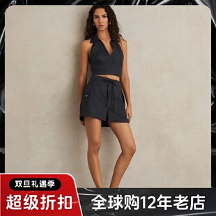 REISS藏蓝亚麻女裤短裤纯色系带对称口袋休闲工装日常舒适百搭