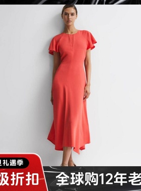 REISS红色短袖连衣裙礼服裙度假裙中长款露背不规则裙摆高腰修身