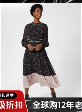 HOBBS长袖连衣裙中长拼色黑色碎花纱网修身中长高腰修身气质英伦