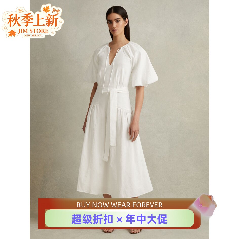 REISS短袖连衣裙度假裙白色中长A字系带飘带露背棉麻简约优雅大气