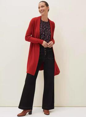 Phase Eight锈红色长袖开衫中长款纯色垂感优雅通勤气质百搭显瘦