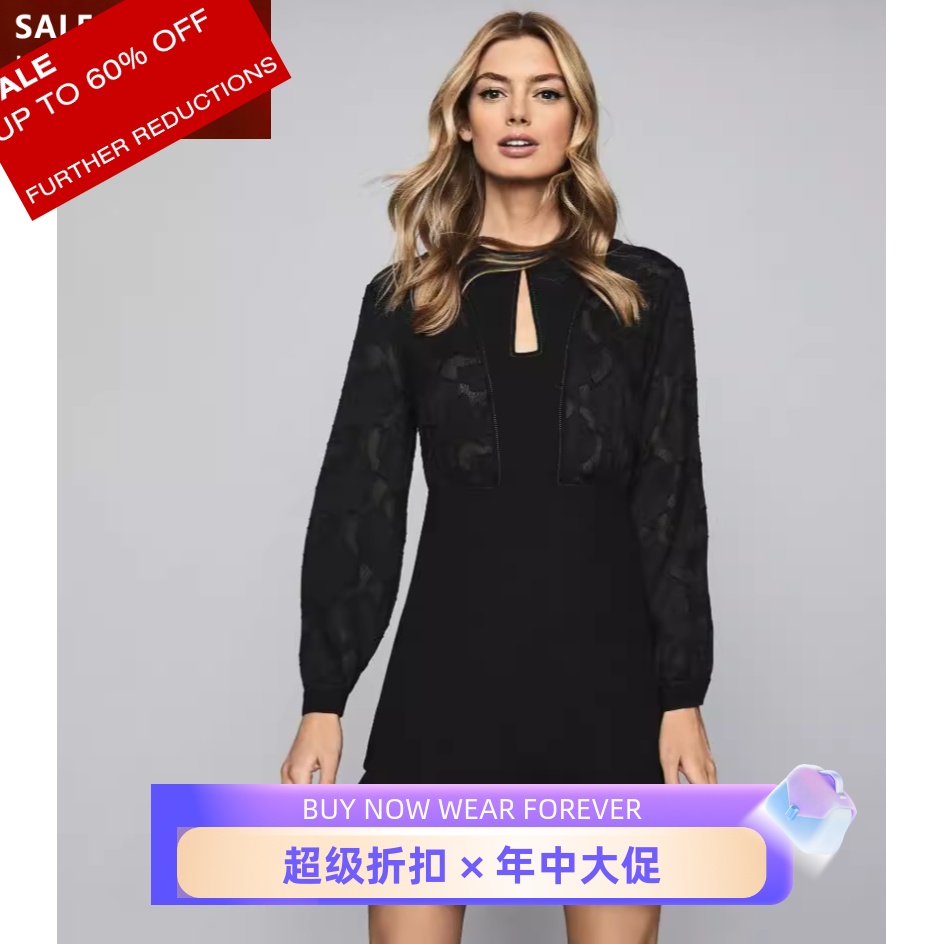 REISS黑色长袖镂空刺绣连衣裙