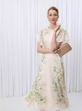 HOBBS飞飞袖真丝连衣裙长裙乳白浅绿碎花高腰修身优雅飘逸气质