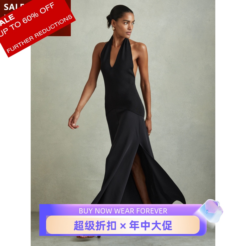 REISS藏蓝连衣裙礼服裙长裙挂脖露背侧开衩高腰修身优雅英伦名媛