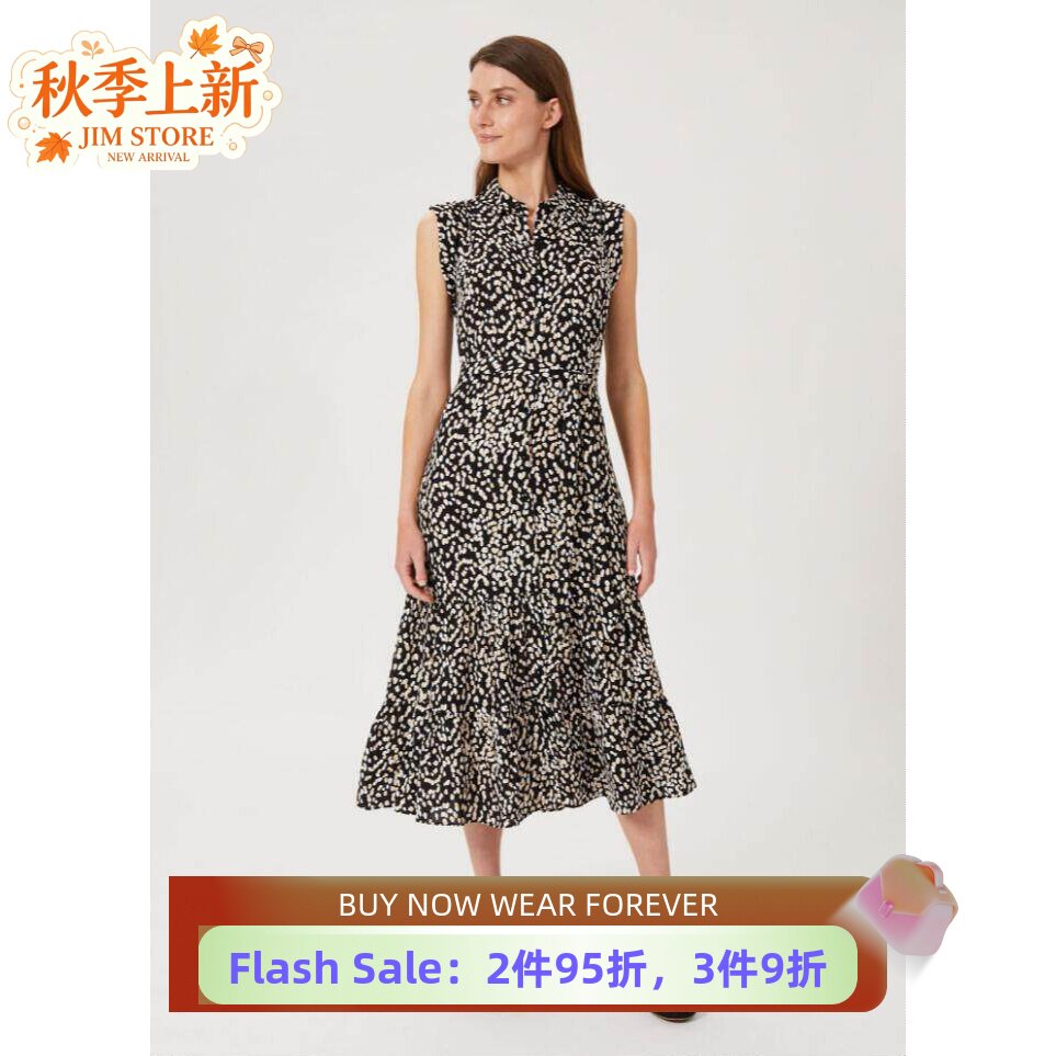 HOBBS连衣裙衬衫裙无袖中长系带黑色碎花波点修身A字优雅气质英伦