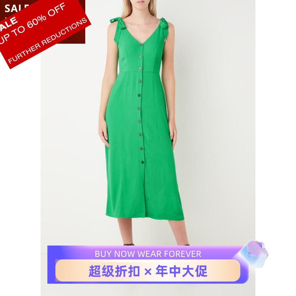 WHISTLES连衣裙无袖中长裙浅蓝A字蝴蝶结V领纽扣清新淑女优雅百搭