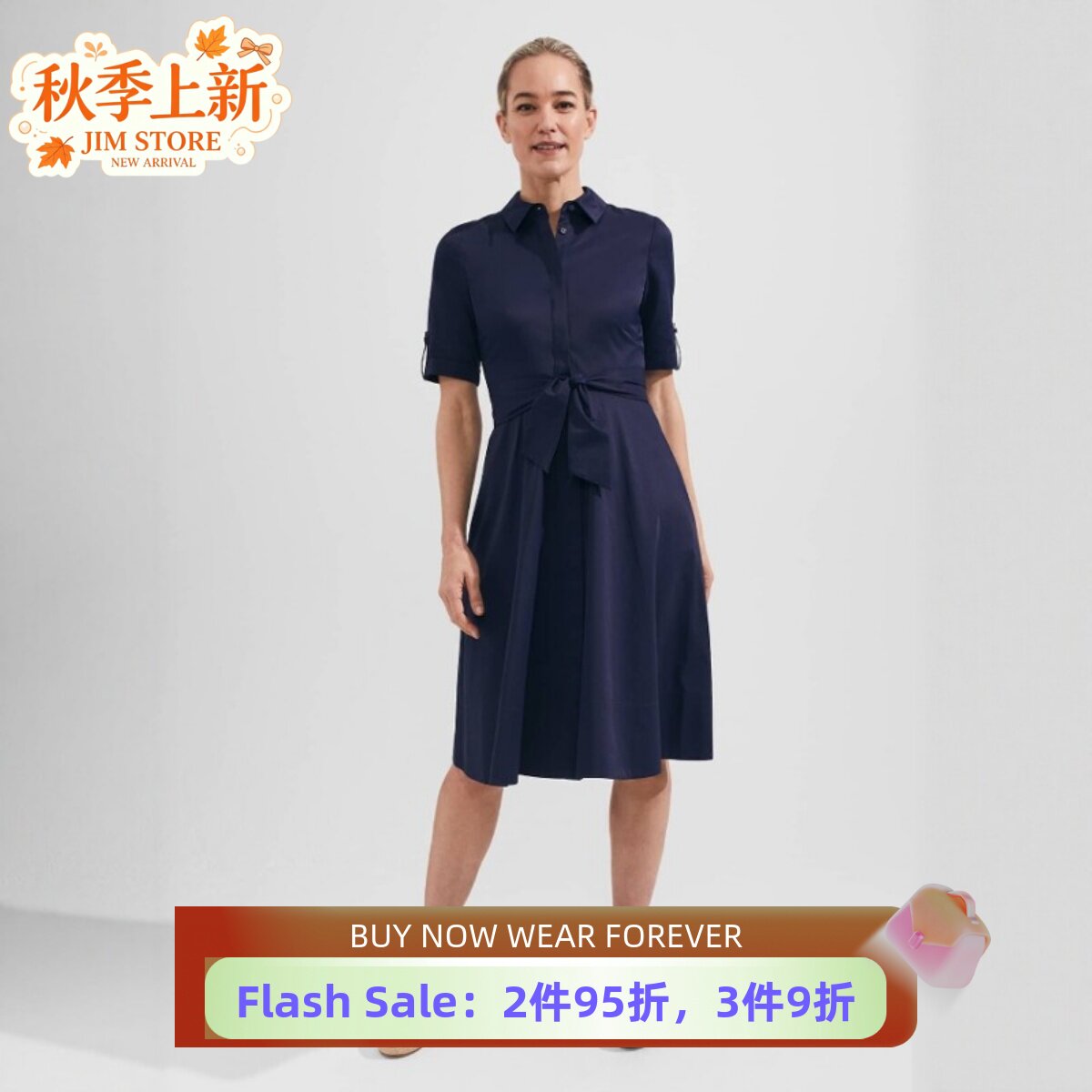 HOBBS藏蓝短袖连衣裙衬衫裙中长款中长系带经典棉质气质通勤休闲