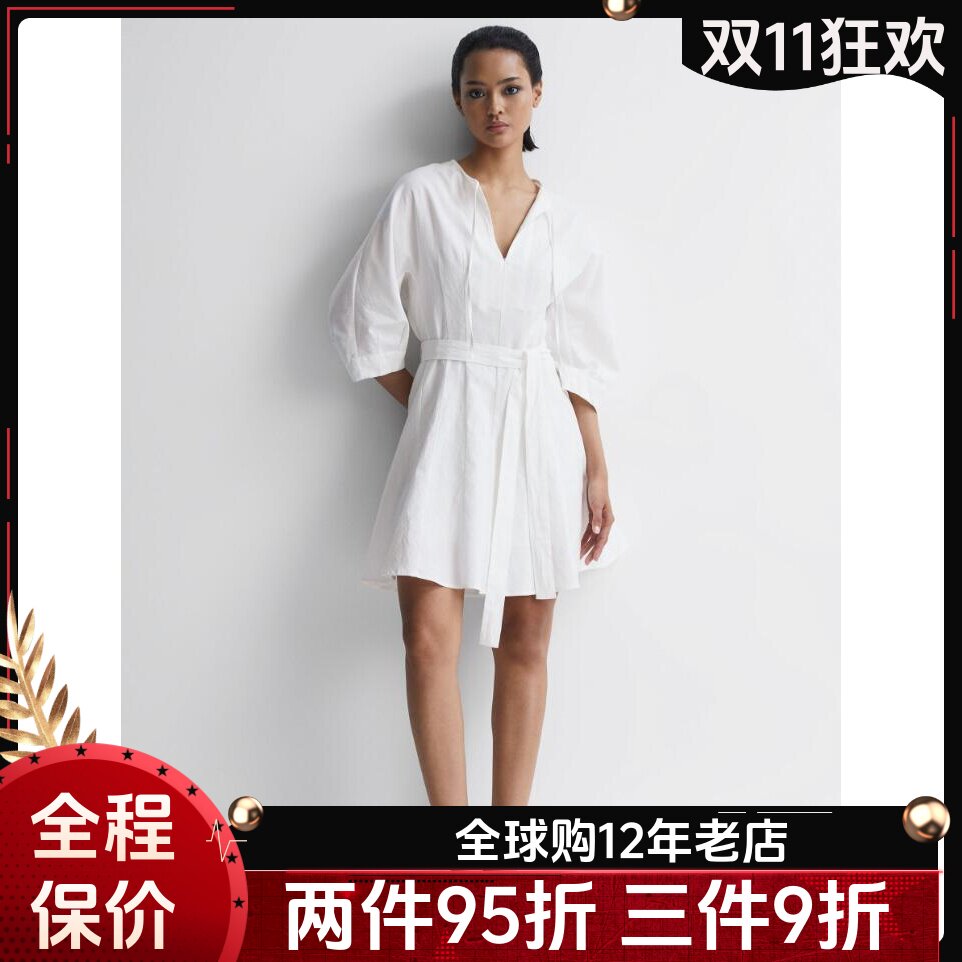 REISS白棉麻混纺连衣裙简约百搭