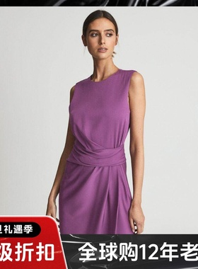 REISS紫色连衣裙包臀裙短裙褶皱裹腰设计简约淑女通勤气质百搭